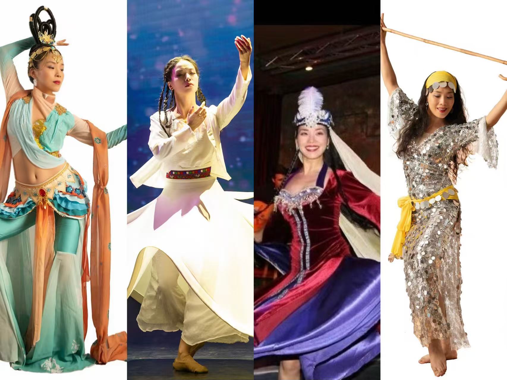 Collage of four dancers in a various assortment of East Asian clothing posed mid-dance