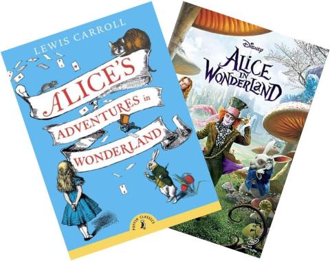 Cover images of Alice's Adventures in Wonderland, the book, and Alice in Wonderland, the movie