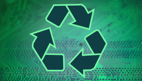 Interior computer parts overlaid with green recycle symbol