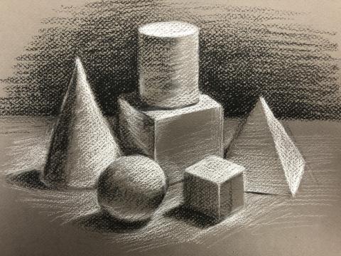 Graphite studies of various geometric shapes sitting atop a flat surface depicted with dramatic shading