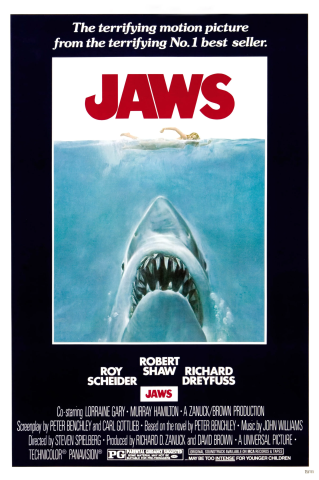 "Jaws" movie poster - visual of great white shark breaching toward water surface where a woman is swimming