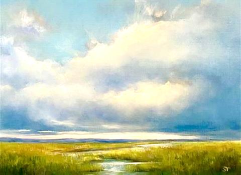 Acrylic painting of a desolate marshland scene with massive blue-tinged clouds overhead