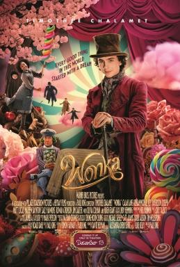 "Wonka" (2023) movie poster featuring Timothee Chalamet as the titular character in a top hat and suit over a psychedelic background