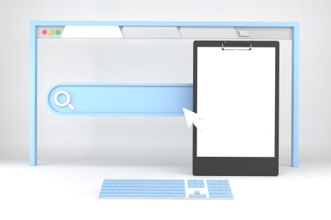 Clipboard in front of stylized computer screen with floating computer mouse icon, large search bar in the center, and bookmark tabs highlighted