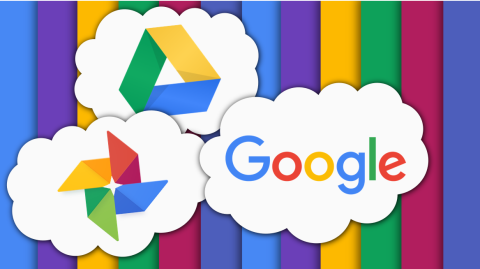 Google name logo alongside icons for Google Drive and Google Photoshoused in cloud-like shapes over a rainbow striped background