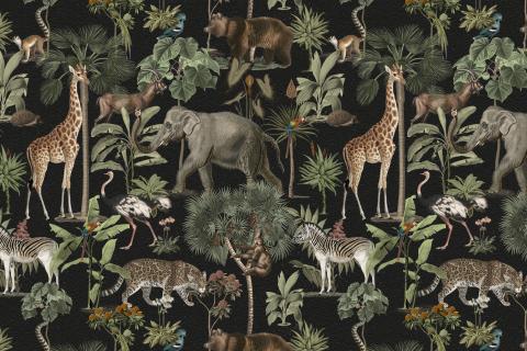 Illustrated tapestry-style pattern of realistic animal profiles intermingled with foliage atop a black background