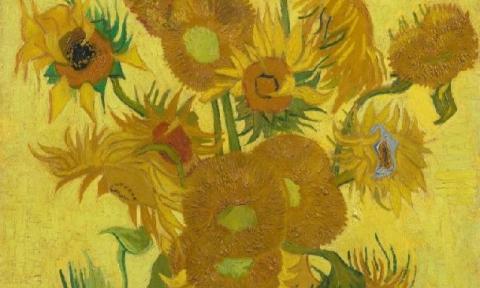 Cropped view of Vincent Van Gogh's "Sunflowers" (1889), an oil painting featuring golden and ochre sunflowers overlaid on neon yellow backdrop