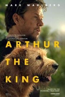 Movie poster for the movie "Arthur the King," featuring an image of a small mutt dog in front of a profile of actor Mark Wahlberg