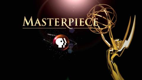 Logo for "Masterpiece Theatre" television program with PBS logo beneath and a gilded award to the right all in front of a black background with a lens flare up top