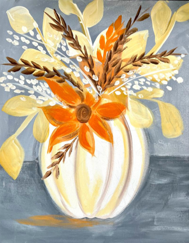 Whimsical, stylized painting of orange, gold, and brown flowers and leaves bursting forth from a white pumpkin vase atop a slate grey table