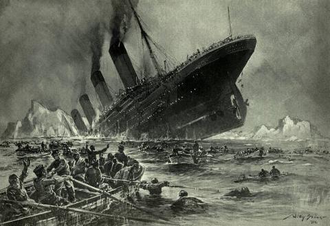 Engraved illustration "Titanic Sinking," engraving by Willy Stöwer, showcasing the infamous ship at a 45 degree angle sinking into the water as a rowboat of passengers escapes in the foreground.