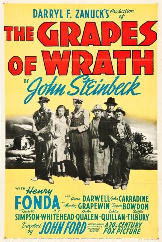 Movie poster for the film adaptation of "The Grapes of Wrath" (1941) featuring the main cast in black-and-white over a lemon yellow backdrop with bold red title text at the top