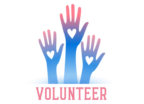 Stylized image of three hands colored blue with pink gradations holding hearts in their palms, reaching upward above the word "Volunteer"