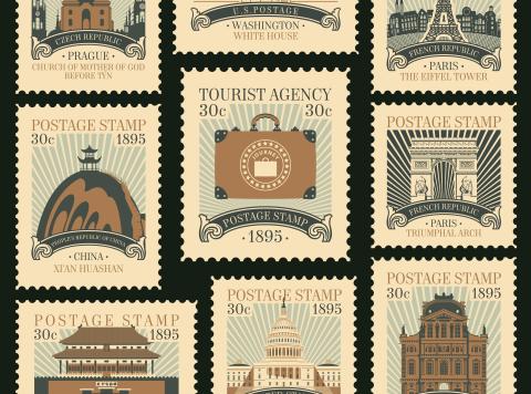 Vector illustrations of cyan-and-sepia toned stamps atop a black backdrop