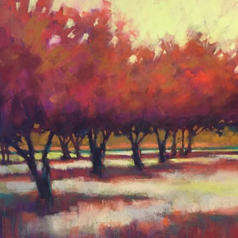 Moody impressionistic painting of autumn trees casting stark shadows