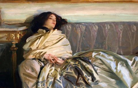 Crop of John Singer Sargent's "Nonchaloir" (or "Repose") from 1911, featuring a brunette woman dressed in an opulent sepia and pale blue dress laying languidly on a slate-periwinkle sofa