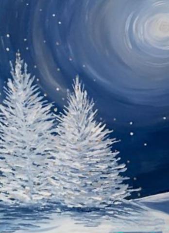 Stylized painting of snow-covered pine trees in the night with a full moon glowing brightly overhead