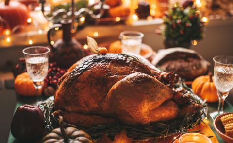 Photograph of a Thanksgiving table spread, featuring a full cooked turkey on a bed of greens in the foreground, surrounded by thin glass goblets, an ornate candelabra, assorted gourds, and twinkling tealights