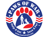 "Paws of War" organizational logo - featuring a stylized animal pawprint with an inlaid silhouette of a man and a dog, the print surrounded by a circle with title and detail text, all elements of the design colored in shades of red, white, or blue