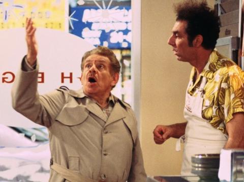 Screenshot from the TV series "Seinfeld" (Season 9; Episode 10 - "The Strike"), featuring characters Frank Costanza and Cosmo Kramer