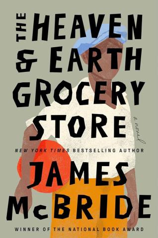 Cover image for the book "The Heaven and Earth Grocery Store" by James McBride, featuring a paper-cutout style illustration of a young black boy with a blue cap and red ball under his arm