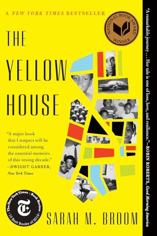 Cover image for the book "The Yellow House" by Sarah Broom, featuring a series of black-and-white photographs in cut-out angular pieces mixed in with abstract colorful shapes, altogether placed like pieces of a pseudo-puzzle atop a bright yellow background