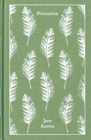 Book cover to Jane Austen's "Persuasion," featuring a pattern of white fern-like leaves laid atop a soft olive-green backdrop