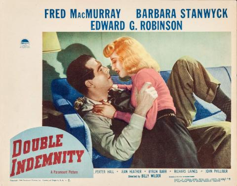 Colorized magazine promotional materials for 1944's "Double Indemnity," featuring its central two characters, as portrayed by Barbara Stanwyck and Fred MacMurray, leaning in close to one another as though to kiss atop a blue sofa, their stark shadows in the background adding a faint element of menace