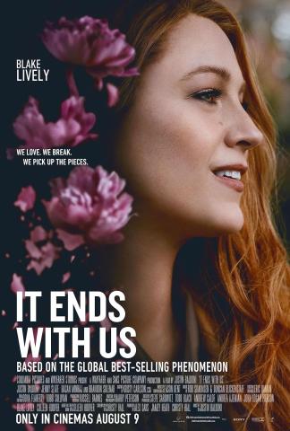 Poster image for 2024's movie adaptation of "It Ends With Us," featuring a close-up smiling profile view of a woman with auburn hair, magenta flowers blooming forth from the left-hand side of the composition, pressed up against her hair