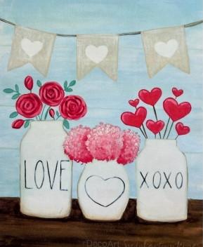 Stylized illustration of three white vases before a sky-blue backdrop containing pink-magenta flowers and hearts, with a silver banner hanging above