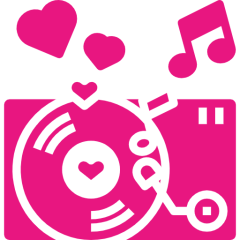 Stylized magenta-colored icon of a record player with musical notes and hearts flowing out of the machine