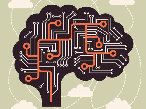 Graphic illustration depicting a profile silhouette of a human brain, with neural pathways depicted like circuitry in a computer or like pathways on a map, while stylized clouds in the background are interconnected with dashed white lines in the pseudo-sky.