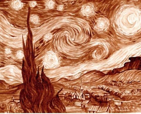 Vincent Van Gogh's expressionist painting "Starry Night" recreated in the sepia tones of coffee.