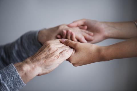 Photograph of two pairs of hands intertwined, one older, the other younger, outstretched before a light backdrop with soft light diffusing in.