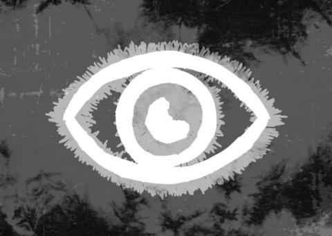 Stylized outline of an eye in white overlaid atop a splotchy grey backdrop.