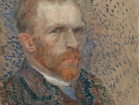 Expressionist, pointilist oil-on-board self-portrait by Vincent van Gogh from 1887, in which a serious, piercing expression looks out to the viewer, detail surrounding the eyes growing increasingly loose as brushstrokes spread more sporadically away into an abstract backdrop.