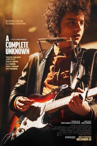 Poster image of 2024's "A Complete Unknown" biopic starring Timothée Chalamet as Bob Dylan, featuring a picture of the lead actor with a guitar in hand and a a harmonica propped to his lips.