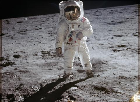 Image taken courtesy of NASA: "20 July 1969—Astronaut Edwin E. Aldrin Jr., lunar module pilot, walks on the surface of the moon near the leg of the Lunar Module (LM) “Eagle” during the Apollo 11 extravehicular activity (EVA)."