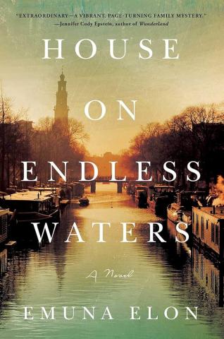 Book cover to "House on Endless Waters," showing a photograph of a waterway dividing two streets with exaggerated colors of teal and orange-red