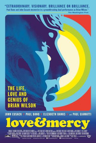 Poster for the 2014 film "Love & Mercy," featuring a profile view of Paul Dano as Brian Wilson, depicted in a 70's-style psychedelic color palette of predominant blues overlaid atop overlapping circles