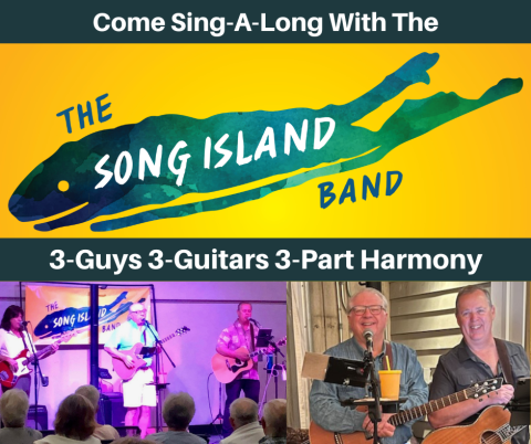 Logo of "The Song Island Band," featuring the outline of Long Island given a face so as to resemble a fish -- this logo placed above two photos of the bandmates in action, on stage with guitars