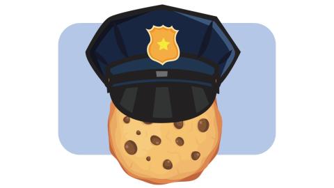 Vector illustration of a police cap sat atop a chocolate chip cookie over a sky blue backdrop