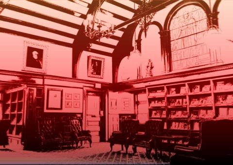 Photograph of the Emma S. Clark Library's Periodical Room with exaggerated contrast and overlaid red hues establishing an eerie tone