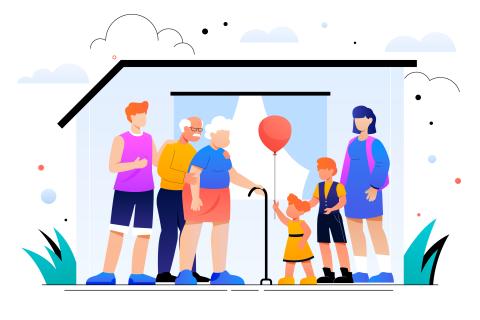 Highly stylized illustration of a faceless iconic family, with the youngest grandchild handing a balloon to their grandmother as they all stand within an iconographic shape representing a home