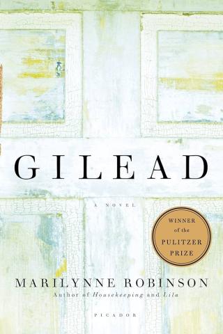 Cover for the book "Gilead" by Marilynne Robinson, featuring an abstract, painterly image, possibly a close-up of a door, with cracked mint, yellow, and white paint forming a shape resembling a cross