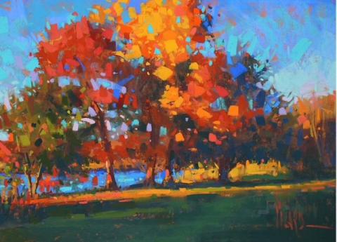 Vibrant acrylic painting of an autumnal daytime scene, with thick, expressive strokes emphasizing points of light on neighboring orange-leaved trees in front of a brilliant blue sky and overtop a heavily-shaded grassy field