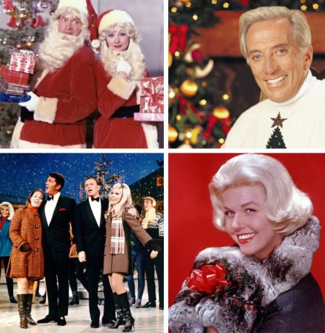 Grid of photographs showcasing Golden Age actors poised in distinctly holiday-centered clothes and decor, smiling amidst a prevalence of red, faux snow, and santa costumes