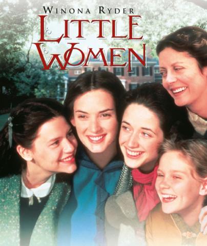 Poster image for 1994's movie adaptation of "Little Women," featuring the five leading characters with faces pressed up close to each other, with their family home in the background nestled amongst trees