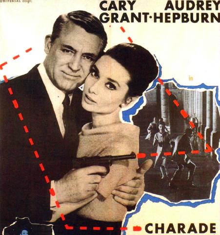 Promotional image for the movie "Charade," featuring its lead actors - Cary Grant and Audrey Hepburn - in a sepia-tinted black-and-white, posed in a close embrace, with a gun in the hand of the former, while behind them is a graphic cutout shape with a screenshot inside, and atop all of this is a red dotted line