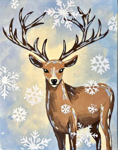 Painting of a stylized deer staring directly at the viewed, painted with thick illustrative brushstrokes, in front of a blue-and-sepia backdrop, with cartoonishly large snowflakes in the foreground